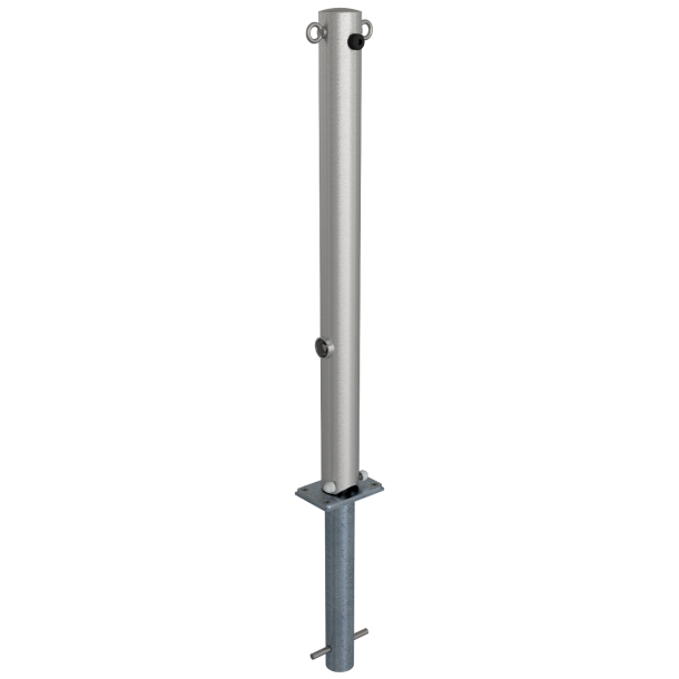 Stolpe i rustfrit st�l | � 76 mm | uden dekorativ ring | sammenklappelig, selvl�sende til indst�bning i beton, med varmgalvaniseret jordfod, varenr. 470.60, ca. 400 mm under jorden | med trekantet l�semekanisme i henhold til DIN 3223 | med 2 �jer